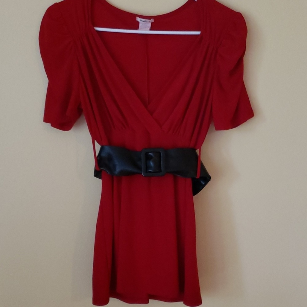 Red belted blouse